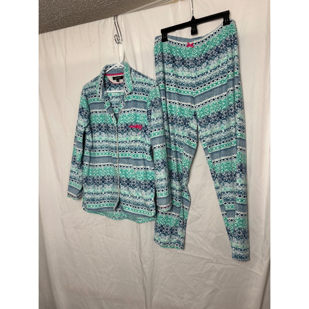 Ellen Tracy Women Teal Blue Fair Isle Fleece Pajama Set Long Sleeve Pants Large